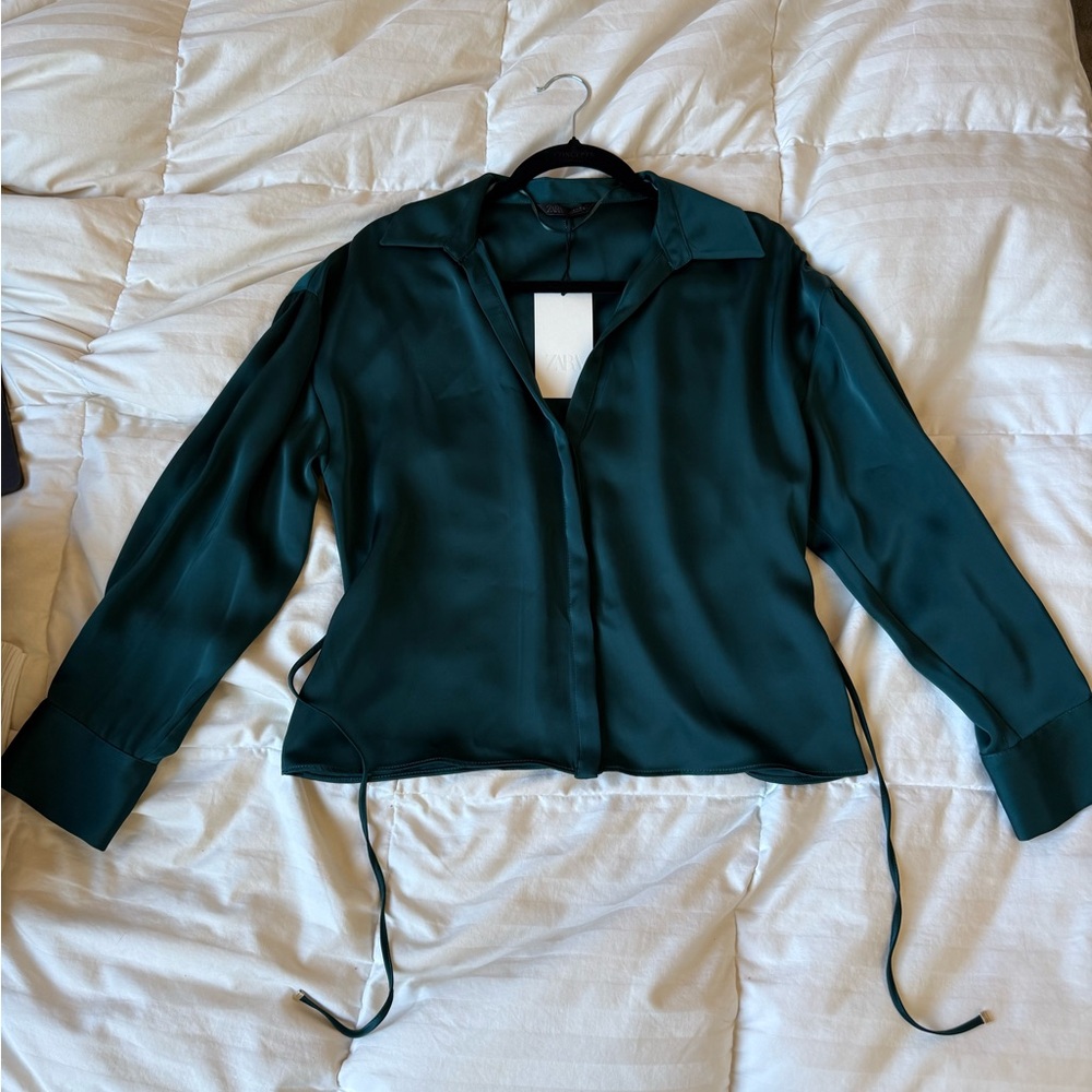 Zara Dark Teal Satin Belted Button-Front Blouse